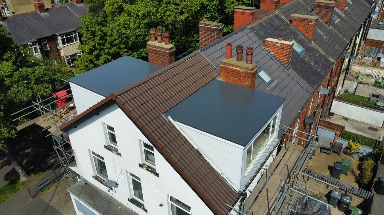 Drone view of a Weatherpro re-roof on a terraced house